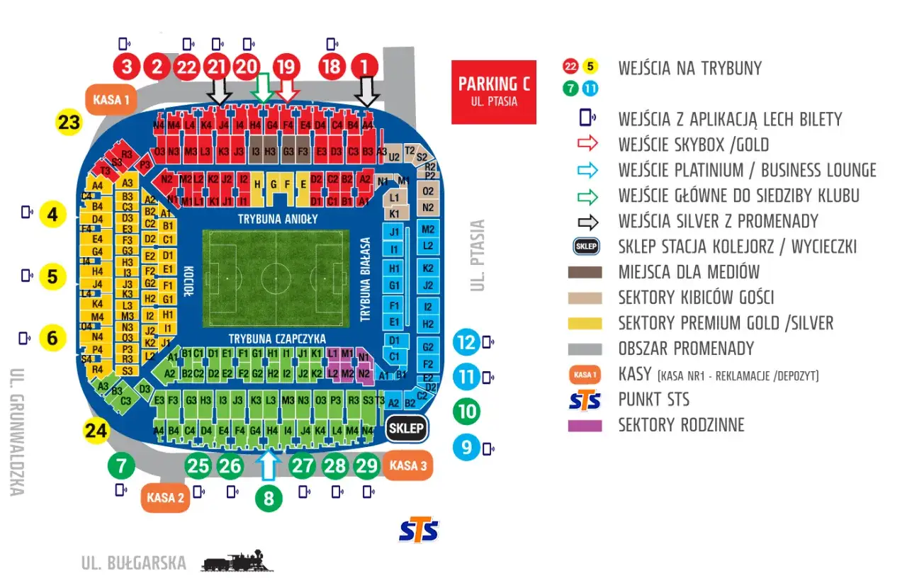 Mapa stadionu Lecha Poznań z oznaczeniem wejść, kas i sektorów. Sprawdź cennik biletów na Lech Poznań.