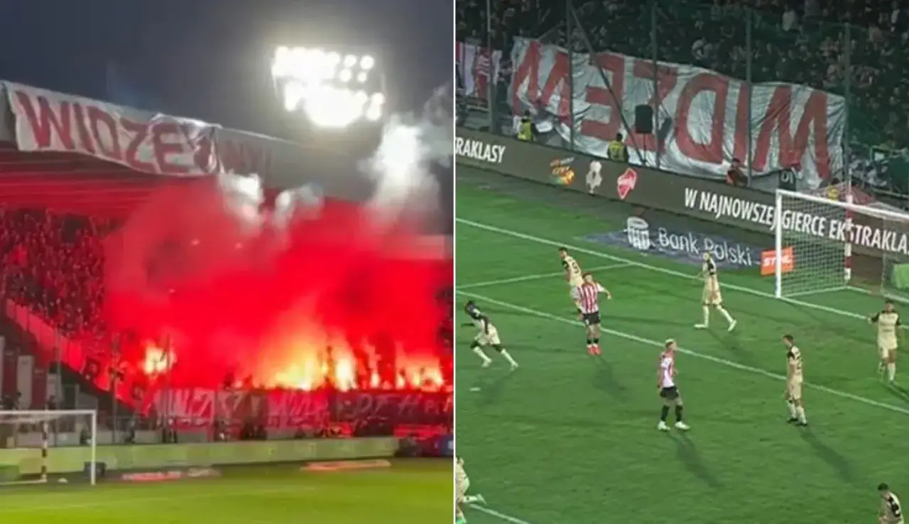 Widzew Łódź kibice odpalają race, tworząc czerwony dym. Na boisku trwa mecz z Cracovią.